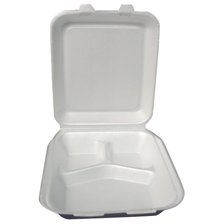 Hinged Container, 8 x 8, White, Foam, 3-Compartment, (200/Case
